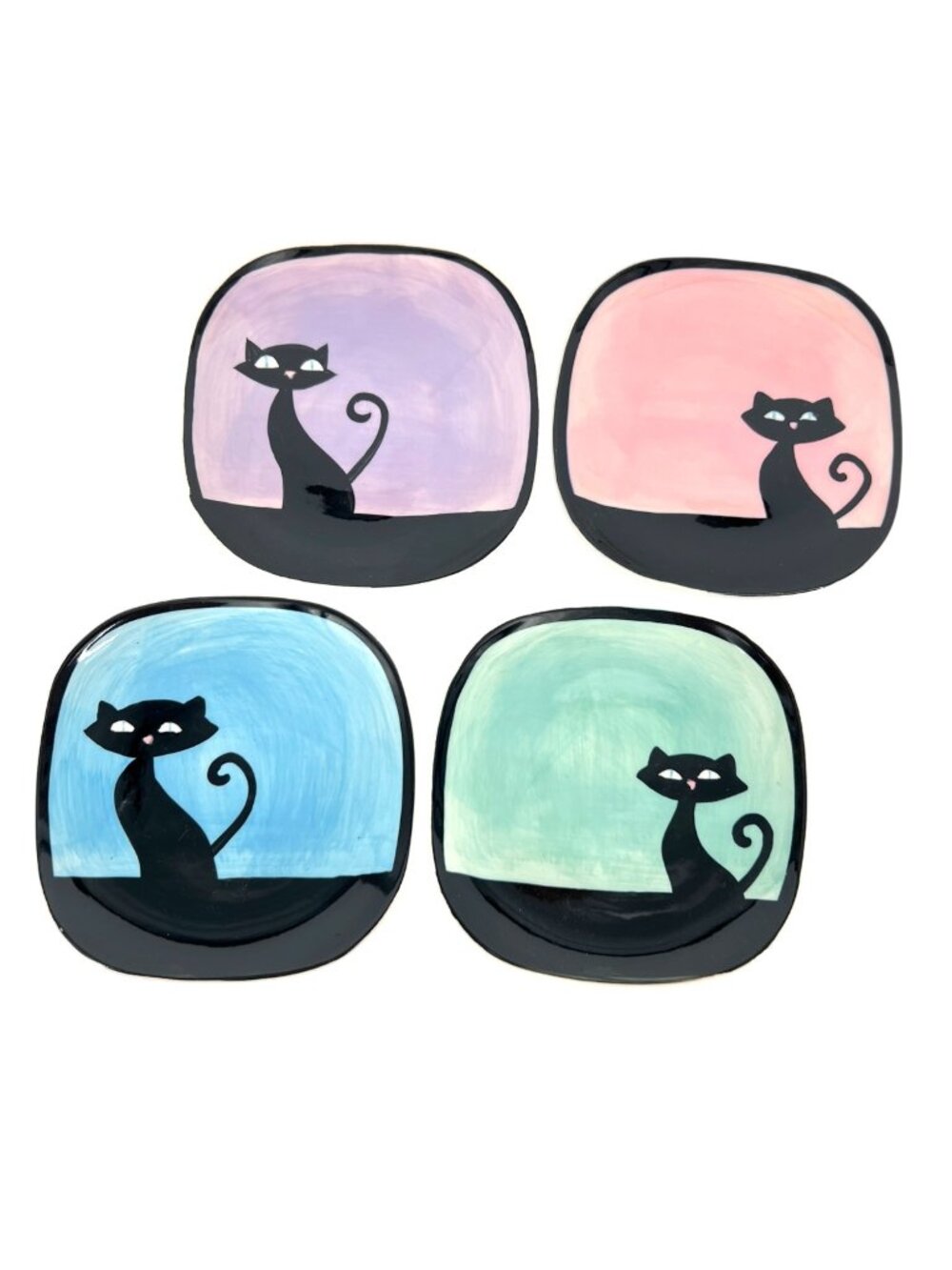 Hues N Brews Black Cat Small Plate Saucer Dish Set of 4 Pink Blue Purple Green